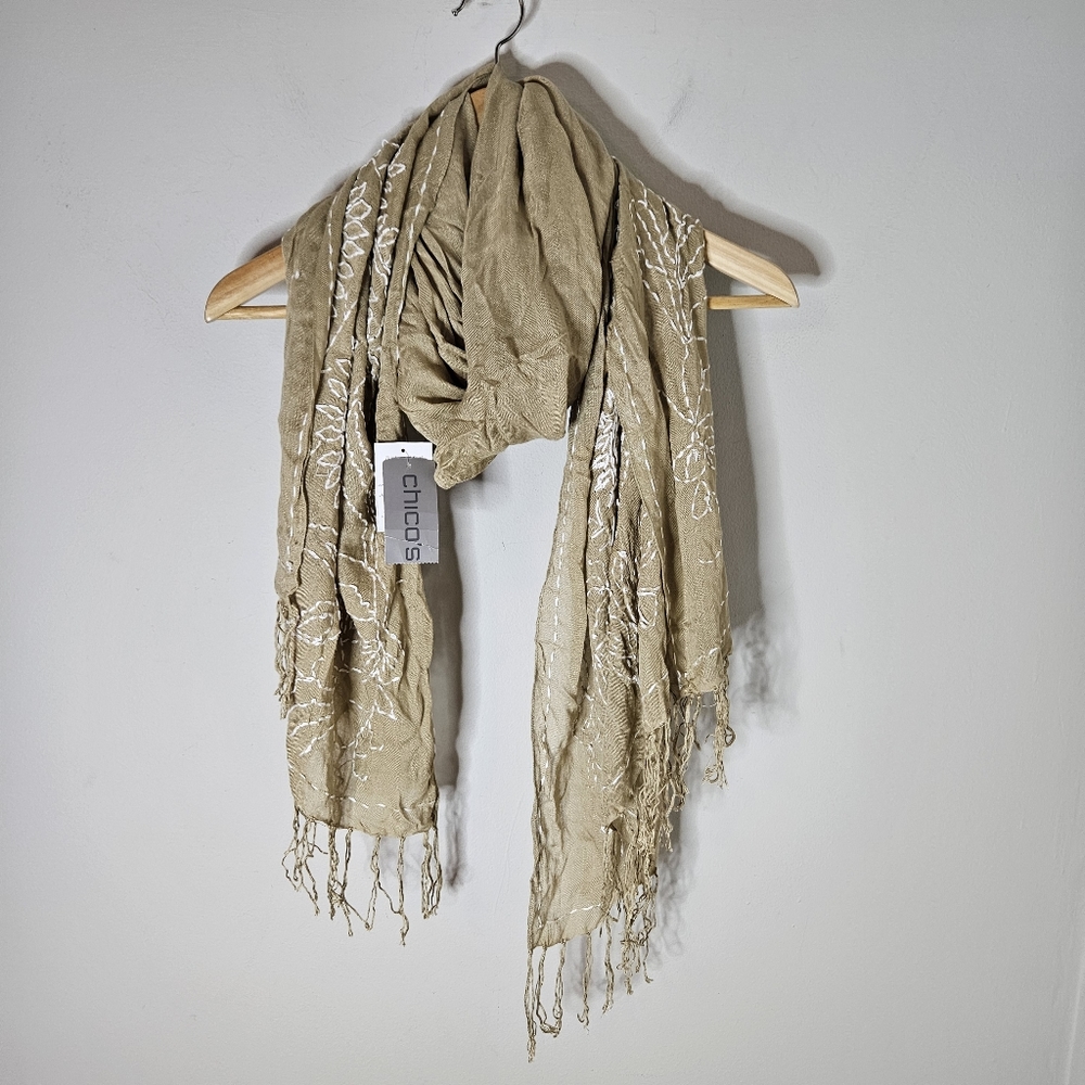 Chicos Driftwood Beige White Embroidered Scarf Wrap NWT